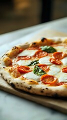 Delicious Wood-Fired Margherita Pizza with San Marzano Tomatoes and Fresh Basil.