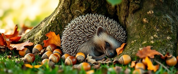 Fototapeta premium Hedgehog curled up in a ball surrounded by acorns and leaves in the forest.