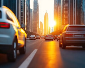 Naklejka premium A vibrant cityscape featuring cars driving towards a sunset, capturing the essence of urban life and movement.