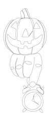 One continuous line of alarm clock with Halloween Jack O' Lantern pumpkin. Thin Line Illustration vector concept. Contour Drawing Creative ideas.
