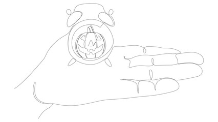 One continuous line of alarm clock with Halloween Jack O' Lantern pumpkin. Thin Line Illustration vector concept. Contour Drawing Creative ideas.
