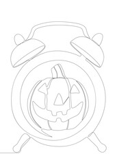 One continuous line of alarm clock with Halloween Jack O' Lantern pumpkin. Thin Line Illustration vector concept. Contour Drawing Creative ideas.

