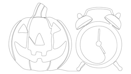 One continuous line of alarm clock with Halloween Jack O' Lantern pumpkin. Thin Line Illustration vector concept. Contour Drawing Creative ideas.
