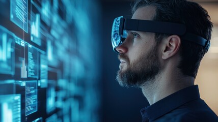 A man using virtual reality glasses, immersed in a digital environment with data projections, showcasing technology in modern life.