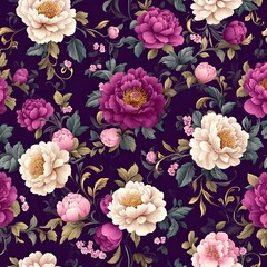 A vibrant floral pattern featuring lush peonies and roses on a dark background, perfect for textiles and wallpapers.