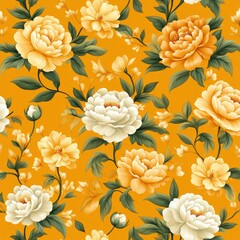 A vibrant floral pattern featuring lush yellow and white flowers on a golden background, perfect for spring and summer designs.