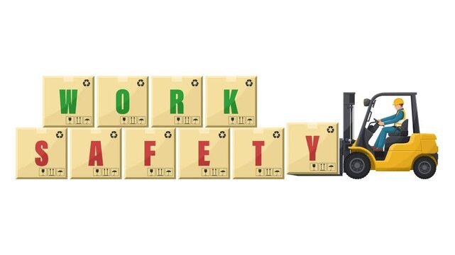 Animation of a worker driving a forklift loading boxes with the word safety work. Lift truckt transporting a pallet of packing boxes to a warehouse. Industrial safety