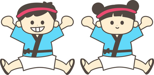 ハッピを着てジャンプする笑顔のこどもたち