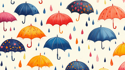 Umbrellas and Raindrops: A charming pattern with colorful umbrellas and raindrops, arranged in a playful repeat. The umbrellas come in various patterns and colors, while the raindr