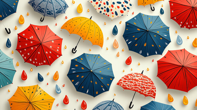 Umbrellas and Raindrops: A charming pattern with colorful umbrellas and raindrops, arranged in a playful repeat. The umbrellas come in various patterns and colors, while the raindr