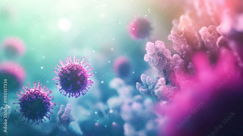 Poster an illustration depicts a virus in a close-up, surrounded by smaller particles. the virus is pink an