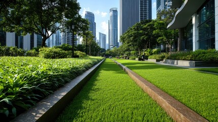 Fototapeta premium A vibrant urban park featuring lush green grass and modern skyscrapers, showcasing a harmonious blend of nature and architecture.
