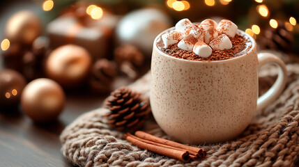 cup of  chocolate with cinnamon and  marshmallow
