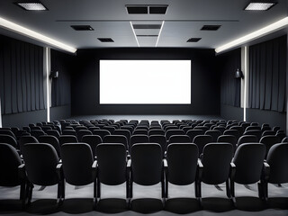 Fototapeta premium Cinema with black chairs with white blank screen. Mockup of hall, no people and auditorium