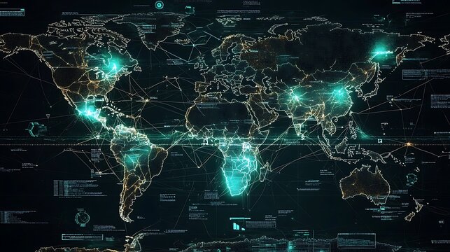 Digital map showing global cyber attack patterns with lines connecting different parts of the world.