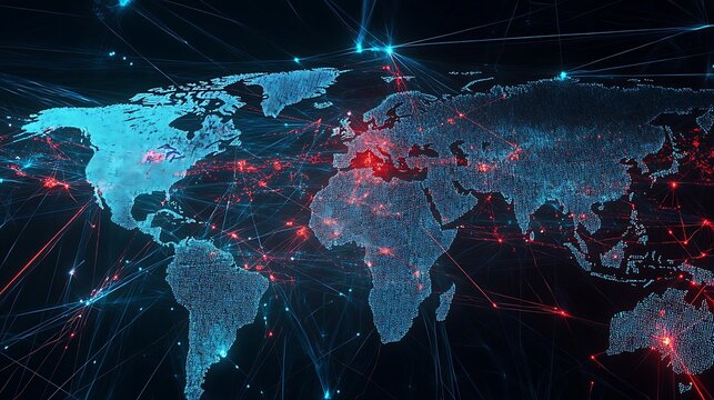 Digital map showing global cyber attack patterns with lines connecting different parts of the world. - Powered by Adobe