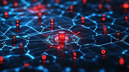 Network of interconnected devices with one node highlighted in red, representing a compromised system.