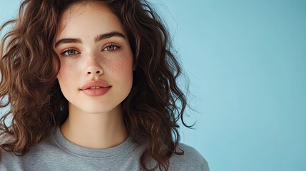Fototapeta premium A young woman with curly hair smiles confidently against a soft blue background, showcasing natural beauty and vibrant expression.