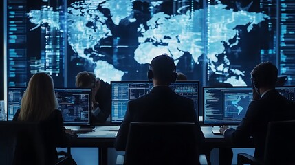 Team of cybersecurity professionals analyzing data during a cyber attack incident.