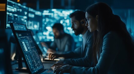 Team of cybersecurity professionals analyzing data during a cyber attack incident.