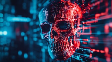 Abstract image of a digital skull symbolizing a malware or virus attack on a system.