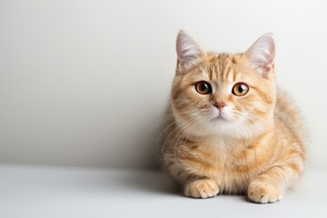 Obraz premium Adorable orange cat sitting gracefully with captivating eyes on a light background, perfect for pet-themed projects.