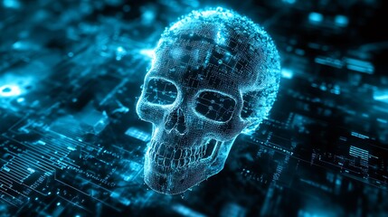 Abstract image of a digital skull symbolizing a malware or virus attack on a system.