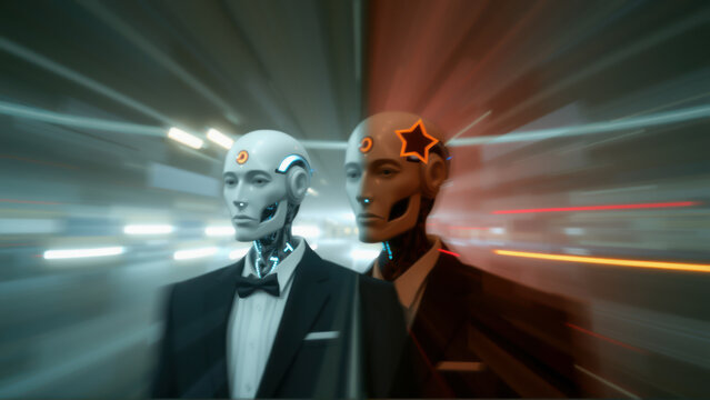Robotic duo in formal attire.