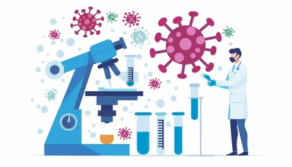 Scientist in lab coat examining virus sample under microscope