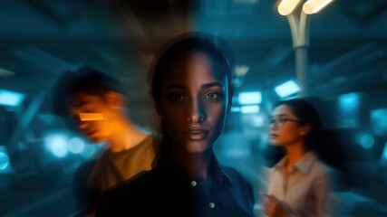 Obraz premium Woman amidst blurred surroundings.