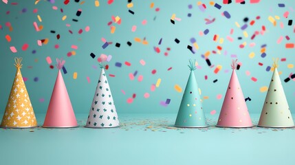Obraz premium Colorful party hats with confetti on a turquoise background, perfect for celebration themes and festive occasions.