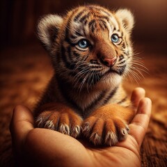 A tiny tiger cub, with bright blue eyes, is being held by a hand. It is looking up with a curious and innocent expression. Generative AI
