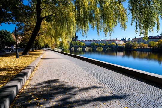 A quiet morning at the Kampa Island park, with its weeping willows and views of Charles Bridge in the distance