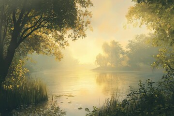 Golden Hour on a Foggy Riverbank
