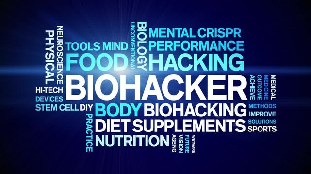 Biohacker animated word cloud;text design animation tag kinetic typography seamless loop.