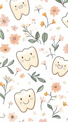 Fototapeta premium Seamless Pattern of Cute Smiling Teeth with Floral Elements - Cartoon Dental Care and Nature-Themed Illustration