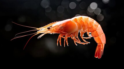 Close-up of a vibrant shrimp against a dark background, highlighting its intricate details and textures in stunning clarity.