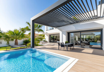 Fototapeta premium An outdoor pergola with slats on the roof, next to an outdoor pool area in front of a modern house with white walls and a wooden floor.