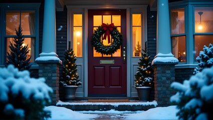 A festive front porch with a wreath and glowing Christmas lights amidst a snowy setting