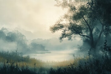 Obraz premium A Misty Lake Surrounded by Trees and Grass