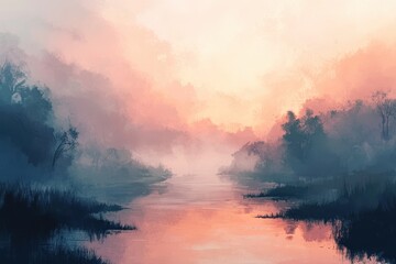 Silhouetted Trees Reflecting in a Misty River at Sunset