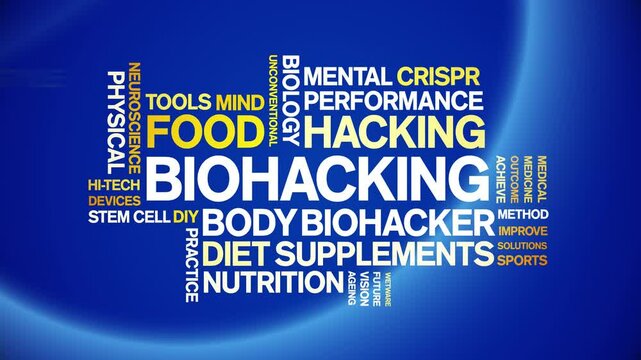 Biohacking animated word cloud;text design animation tag kinetic typography seamless loop.