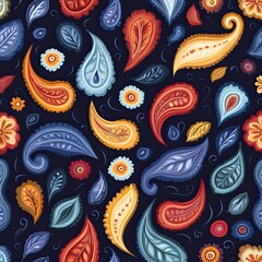 Naklejka premium Colorful paisley pattern featuring vibrant leaves and floral elements on a dark background, perfect for textiles or graphic design.