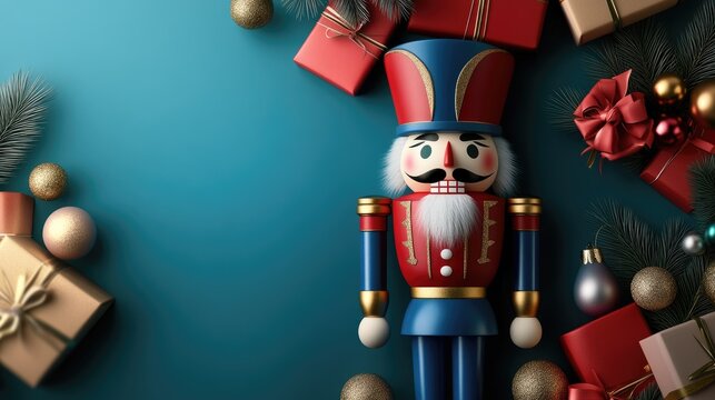 Colorful nutcracker figurine surrounded by festive gifts and ornaments, perfect for capturing holiday spirit and traditions.