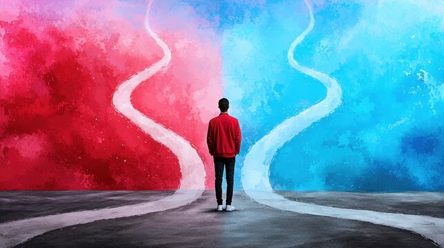 Future Choices in 2025: Person at Digital Crossroads with Watercolor Paths, Copy Space for Text