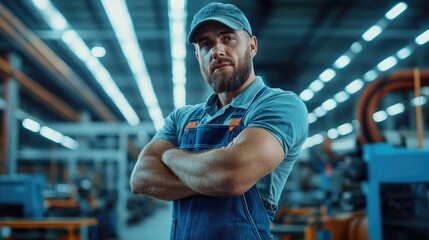 Fototapeta premium Confident worker in a factory setting, wearing blue overalls and a cap, exemplifying strength and professionalism.