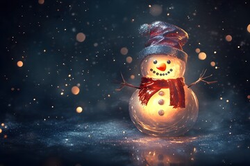 Obraz premium Cute glowing snowman standing in falling snow background for Christmas and winter design