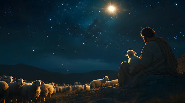 A scene of shepherds and sheep looking at the shining star that announces the birth of Christ.