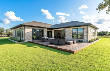 backyard of an upscale single-family home, with green grass and a large backyard that has been freshly mowed.