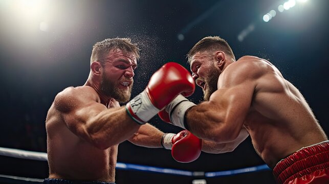 Dynamic boxing match showcasing intense competition and athleticism in the ring, with fighters exchanging powerful punches.